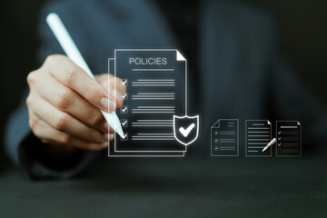 Policy documentation and compliance concept. Businesswoman reviews a digital document labeled...