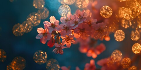 A captivating image of a bouquet of cherry blossoms with pink petals set against a blurred bokeh background, creating a sense of depth and tranquility. The soft focus effect in the background enhances
