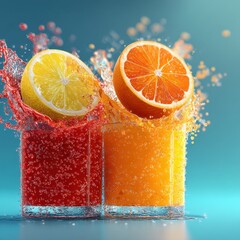 A couple of glasses filled with orange juice and a slice of lemon