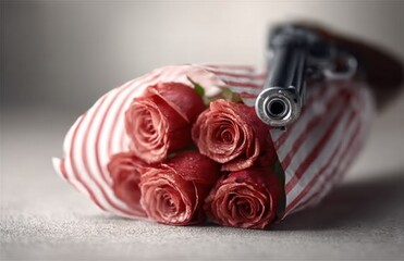 A bunch of red roses wrapped in a red and white striped paper