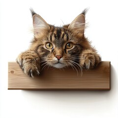 A Maine Coon cat with an empty board, luxurious fur, wise gaze, photorealistic style, isolated on white background.