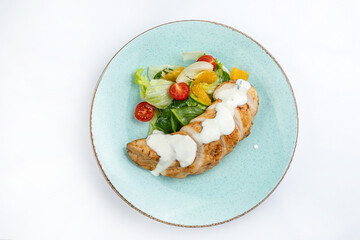 a dish with chicken meat on a white background. Dietary, children's diet