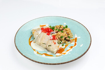 a dish with chicken meat on a white background. Dietary, children's diet