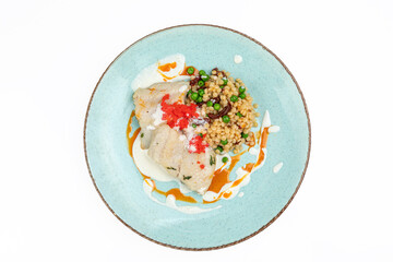 a dish with chicken meat on a white background. Dietary, children's diet