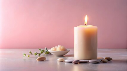 A single lit candle surrounded by smooth stones and a sprig of greenery on a light grey surface with a pale pink background