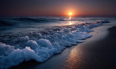 Fototapeta premium A sunset over the ocean with waves crashing on the beach