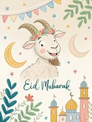 Naklejka premium Whimsical Eid Mubarak Goat with Floral Crown and Crescent Moon Celebration
