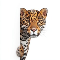 A jaguar holding an empty sign, disheveled fur, fierce gaze, surrealistic art, isolated on white background.