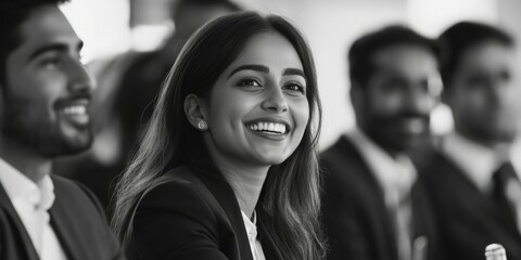 A cheerful individual posing for the camera among a group of formally dressed people, likely a professional or corporate event.
