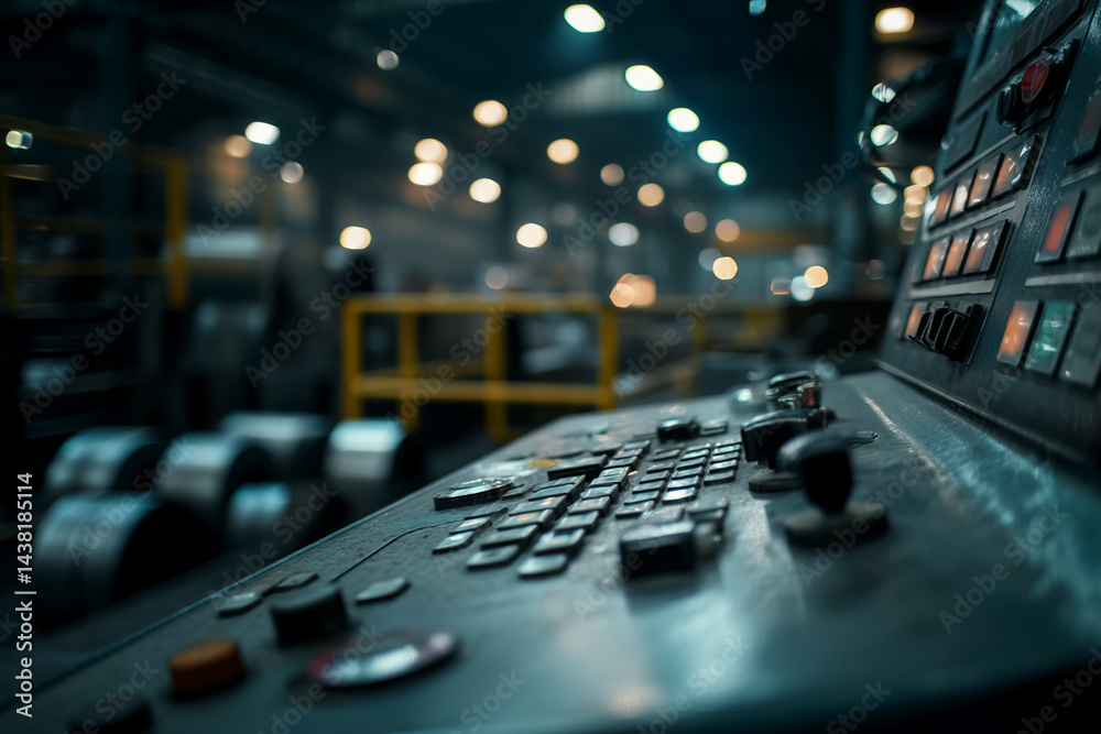 Poster close-up of industrial control panel, metallic surface with buttons and levers, showcasing a factory