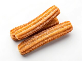 Two golden-brown churros sprinkled with sugar on a white background.