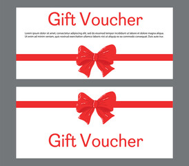 Elegant Gift Voucher Design Featuring Red Ribbon and Bow on White Background. Gift voucher with a vibrant red ribbon and bow, perfect for celebrations, presents, or promotions. The minimalistic design