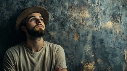 Obraz premium Bearded Young Adult In a Hat Standing With a Thoughtful Expression Against a Textured Industrial Wall