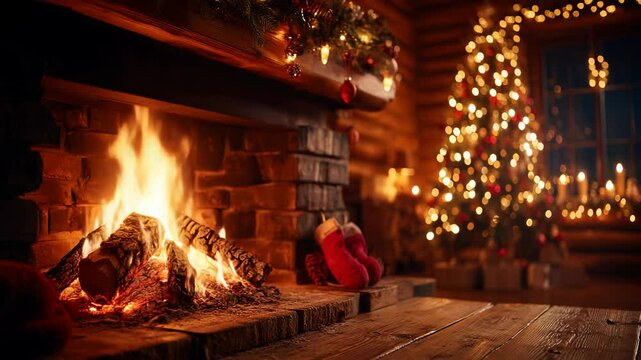 Cozy fireplace with stockings and decorated Christmas tree in a warm cabin during the holiday season