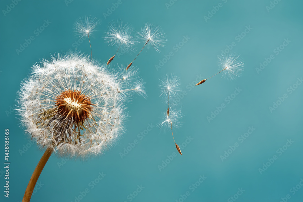 Poster dandelion seed head with seeds dispersing on teal background, showcasing nature's fragility and chan