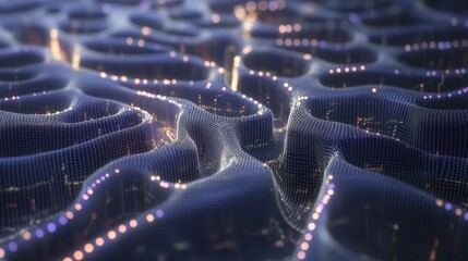 Abstract digital network landscape with glowing points.