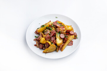 fried potatoes with sausage. On a white background