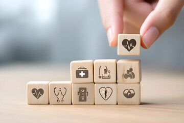 Hand arranging wood block stacking with the healthcare medical icon. Health insurance - health concept