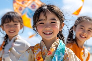children flying kites at seaside colorful kites clear blue sky happy expressions