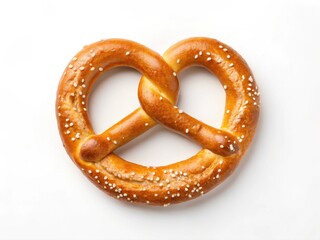 A golden-brown pretzel sprinkled with coarse salt, set against a plain white background.