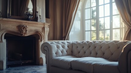 An opulent living room scene featuring a grand fireplace, plush leather couch, and chandelier lighting. The room is well-lit and exudes luxury and comfort.