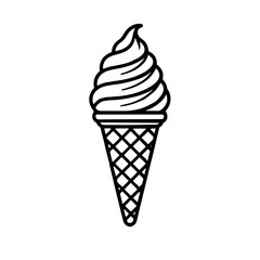 Ice cream cone with soft serve swirl, minimalistic line art design, black-and-white