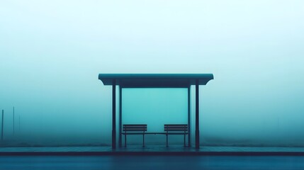 Mysterious Bus Stop Enshrouded in Gloomy Fog, Evoking Loneliness and Anticipation