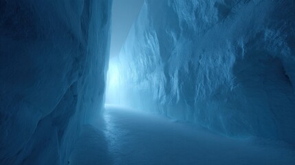 Icy Crevasse with Glowing Blue Light and Shadows