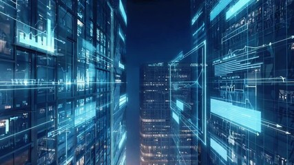 Futuristic nighttime city aerial view stock market datas, arrow skyscrapers neon green glowing bar line charts. Animated data tickers scroll across skyline, dynamic lens flares, smooth drone - Powered by Adobe