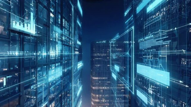Futuristic nighttime city aerial view stock market datas, arrow skyscrapers neon green glowing bar line charts. Animated data tickers scroll across skyline, dynamic lens flares, smooth drone
