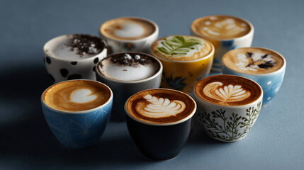 Variety of coffee cups with latte art - artistic beverage display