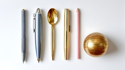 Neat line-up of pens, spoon, pencil, and egg, alternating silver, gold, pink on white background