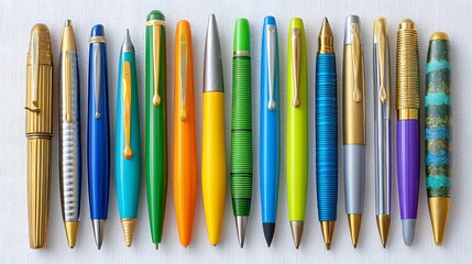 Colorful pens line up. Collection of vintage writing instruments
