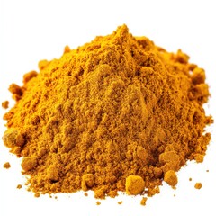 A mound of vibrant yellow turmeric powder on a white background