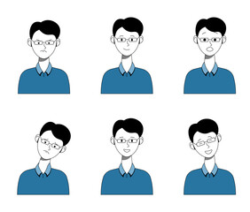 Boy with Glasses Emotions Set in Blue Shirt