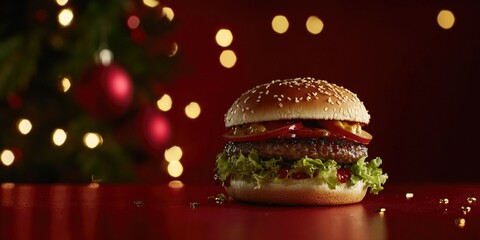 An image featuring a small, beautifully decorated Christmas tree adorned with tiny white lights. The tree is uniquely topped with a bite-sized hamburger, complete with lettuce, tomato, and cheese,