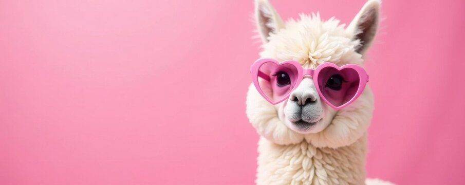 Adorable white alpaca in pink heart sunglasses, pastel pink background, cute animal, adorable