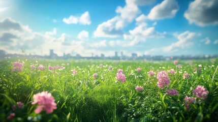 Obraz premium Serene Meadow: A Vibrant Spring Day in the City's Embrace