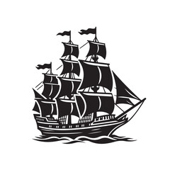 Pirate Ship with Sails Black Silhouette