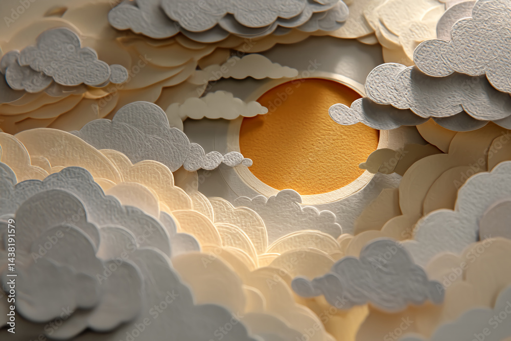 Poster Layered paper cloudscape with central yellow circle, creating a calm and serene atmosphere, ideal for background or design element