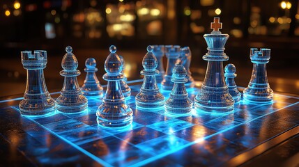 Experience a futuristic game with holographic chess pieces that come to life on a real board using augmented reality technology.
