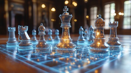 Holographic chess pieces interactively displayed on a real board using augmented reality technology, offering a unique gaming experience.