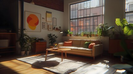 Cozy Interior Design with Beige Velvet Sofa and Natural Light