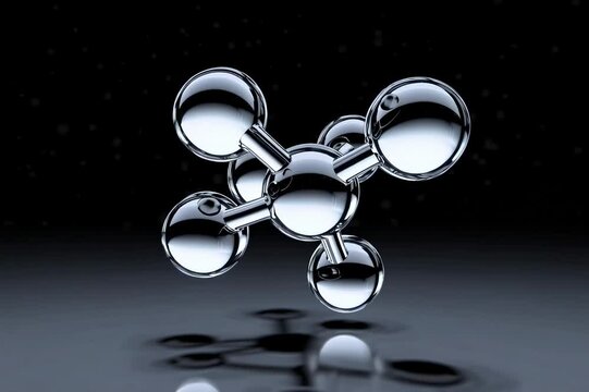 A glass methane molecule model is depicted, featuring an abstract molecular shape in an animation loop