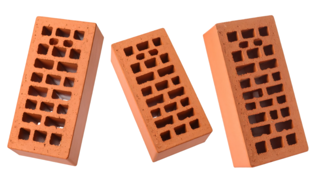 Three Perforated Clay Bricks Rotating on Transparent Background