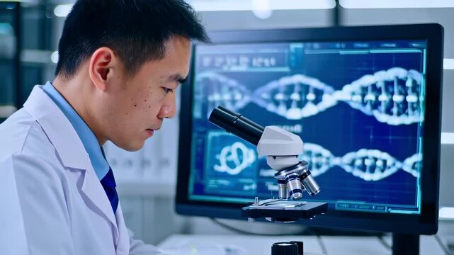 Asian researcher dressed in white coat closely studying colorful digital virus imagery on microscope monitor while working attentively inside contemporary laboratory setting.