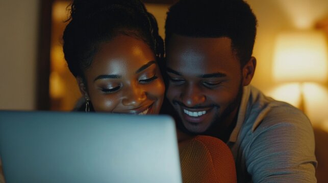 A surprise birthday celebration captured as a man and woman look at their laptop with delight, planning the perfect surprise party for someone special.