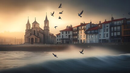 Naklejka premium Serene View of San Pedro Church with Atlantic Waves in Gijon