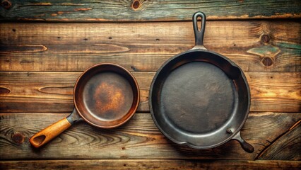 A pair of seasoned cast iron skillets on a rustic wooden surface, ready for cooking.