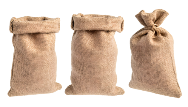 Set of three empty burlap sacks isolated on transparent background